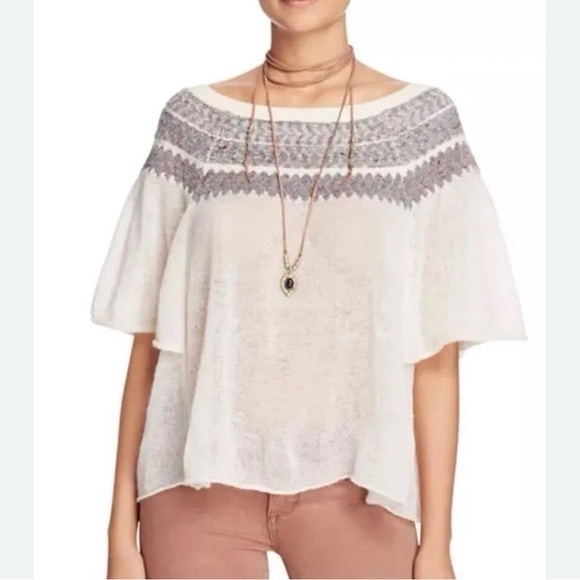 Free People Lock Lomand Sweater Wool Blend Sheer Knit Fair Isle Size XS Ivory - Picture 2 of 7